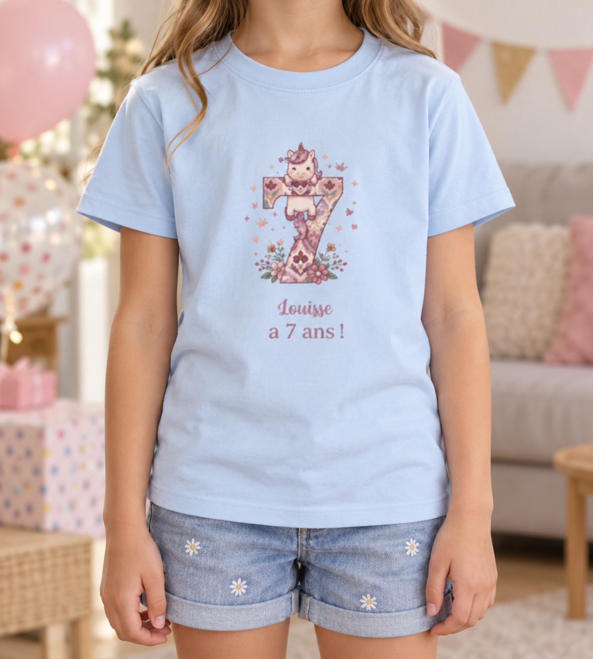 Titre produit T-shirt d’anniversaire personnalisé pour enfant – Licorne, prénom et âge