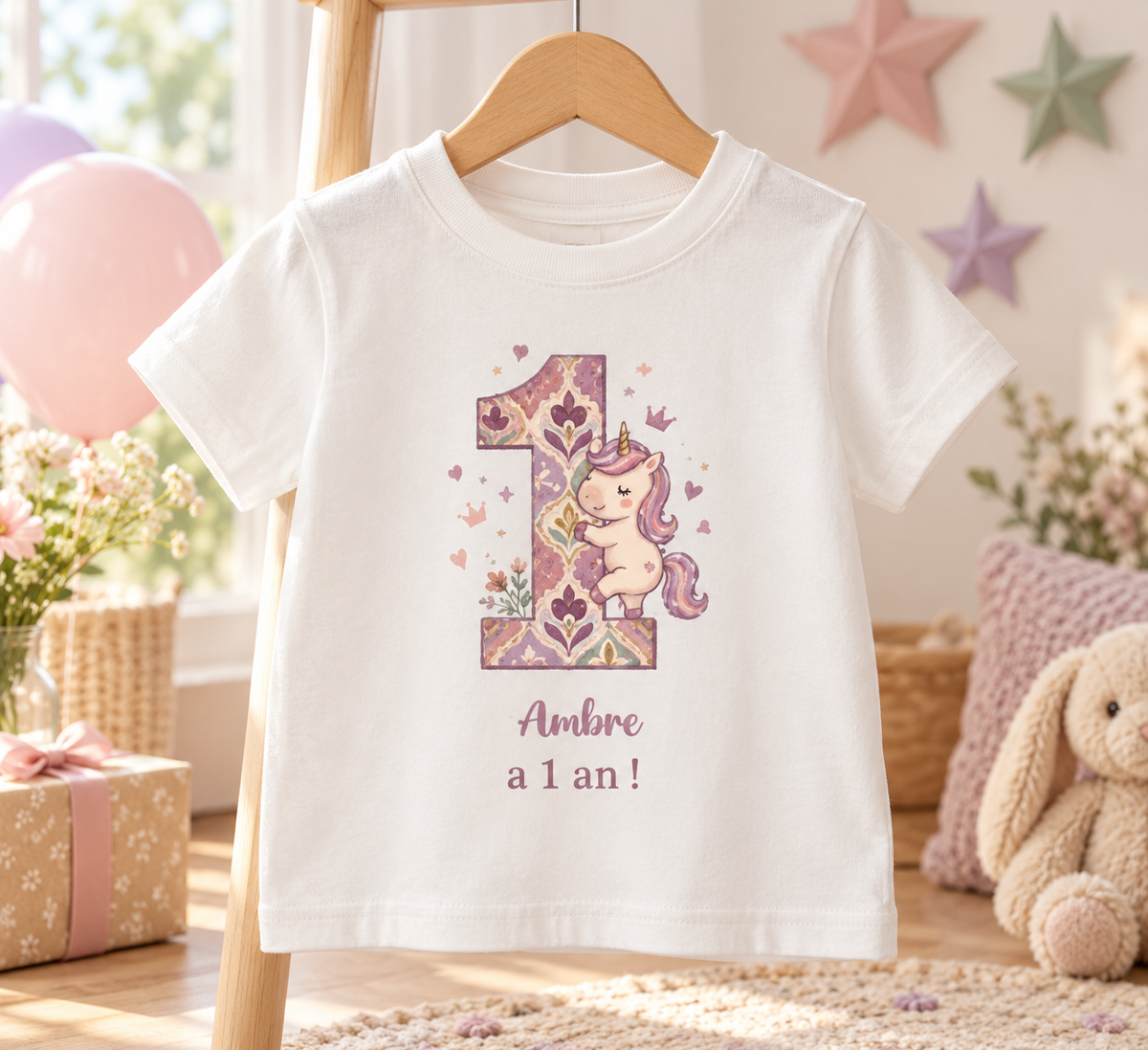 Titre produit T-shirt d’anniversaire personnalisé pour enfant – Licorne, prénom et âge