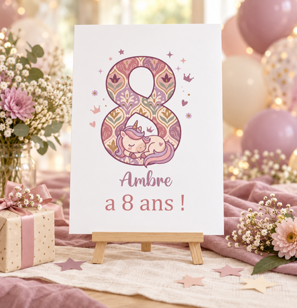 Affiche d’anniversaire personnalisée – Licorne, prénom et âge